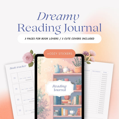Digital reading journal with dreamy bookish illustrations, reading tracker pages, book review journal templates, and cozy stickers for planners