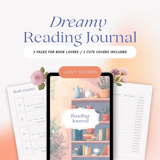 Digital reading journal with dreamy bookish illustrations, reading tracker pages, book review journal templates, and cozy stickers for planners