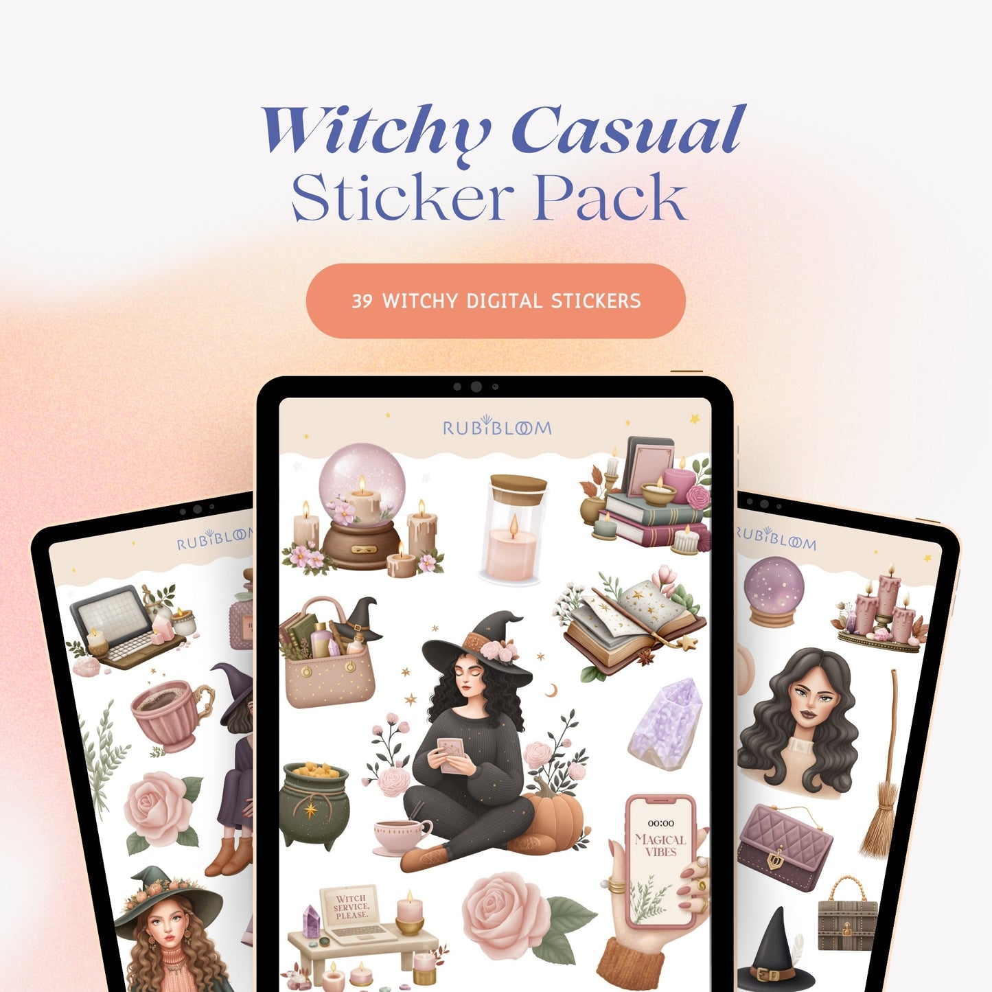 Halloween Witchy Casual Sticker Pack – 39 mystical esoteric digital stickers in cozy autumn pastel tones, perfect for GoodNotes, journaling, and planners.