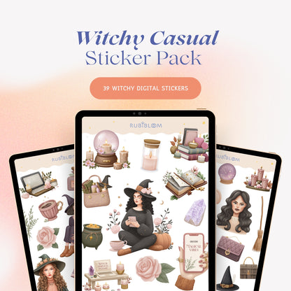 Halloween Witchy Casual Sticker Pack – 39 mystical esoteric digital stickers in cozy autumn pastel tones, perfect for GoodNotes, journaling, and planners.