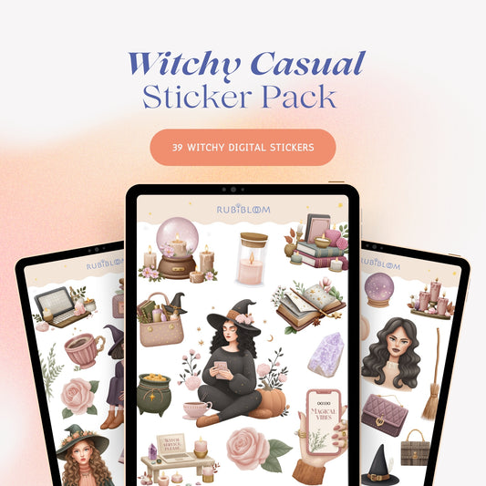 Halloween Witchy Casual Sticker Pack – 39 mystical esoteric digital stickers in cozy autumn pastel tones, perfect for GoodNotes, journaling, and planners.