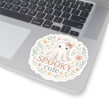 Cute ghost vinyl sticker with text Spooky Cute placed on laptop – dreamy pastel Halloween design for sticker collectors, planners, and cozy lifestyle lovers.