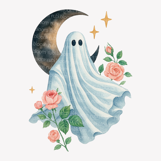 Spooky Ghost with Moon & Roses – Halloween PNG Printable