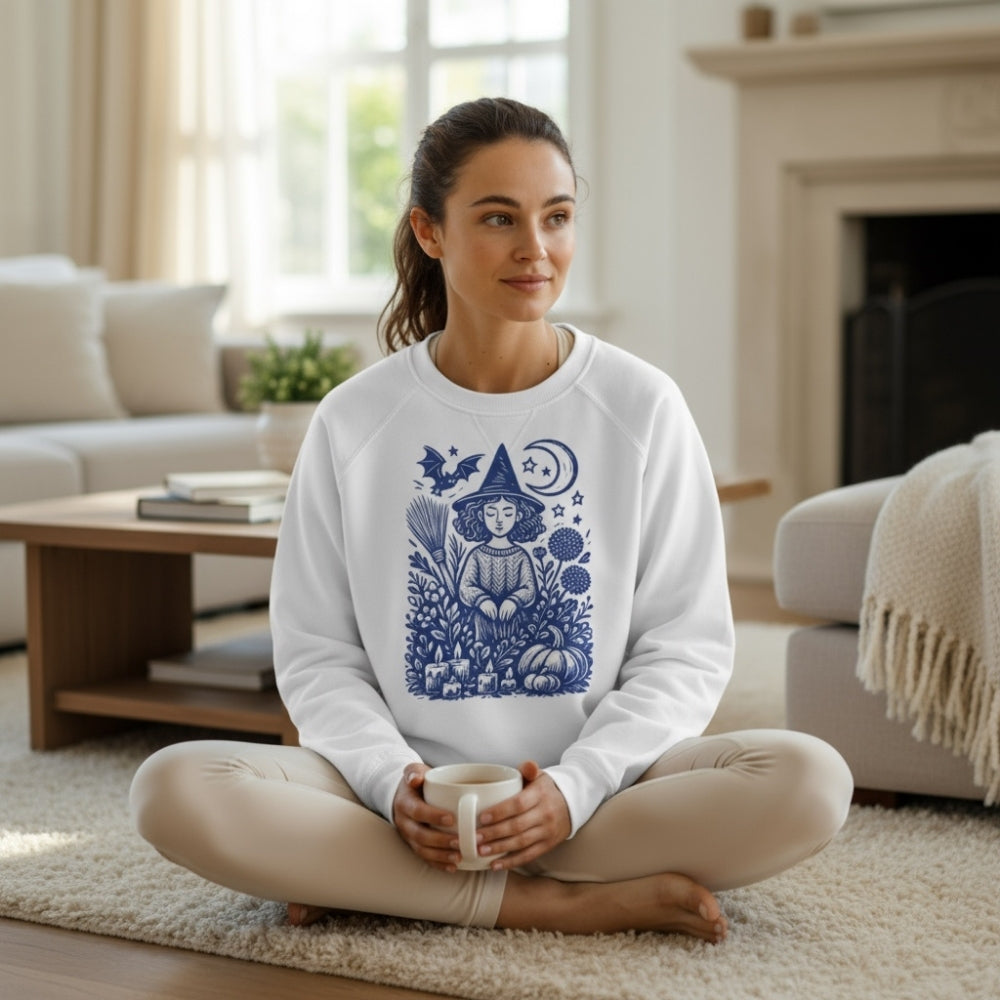 Sweatshirt mockup with cute Halloween witch printable PNG – cozy fall design featuring pumpkins, witch hat, moon, and bats.