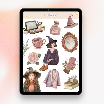 Halloween witchy aesthetic sticker sheet – mystical crystals, esoteric spell books, candles, witchy girl illustration for autumn GoodNotes planners