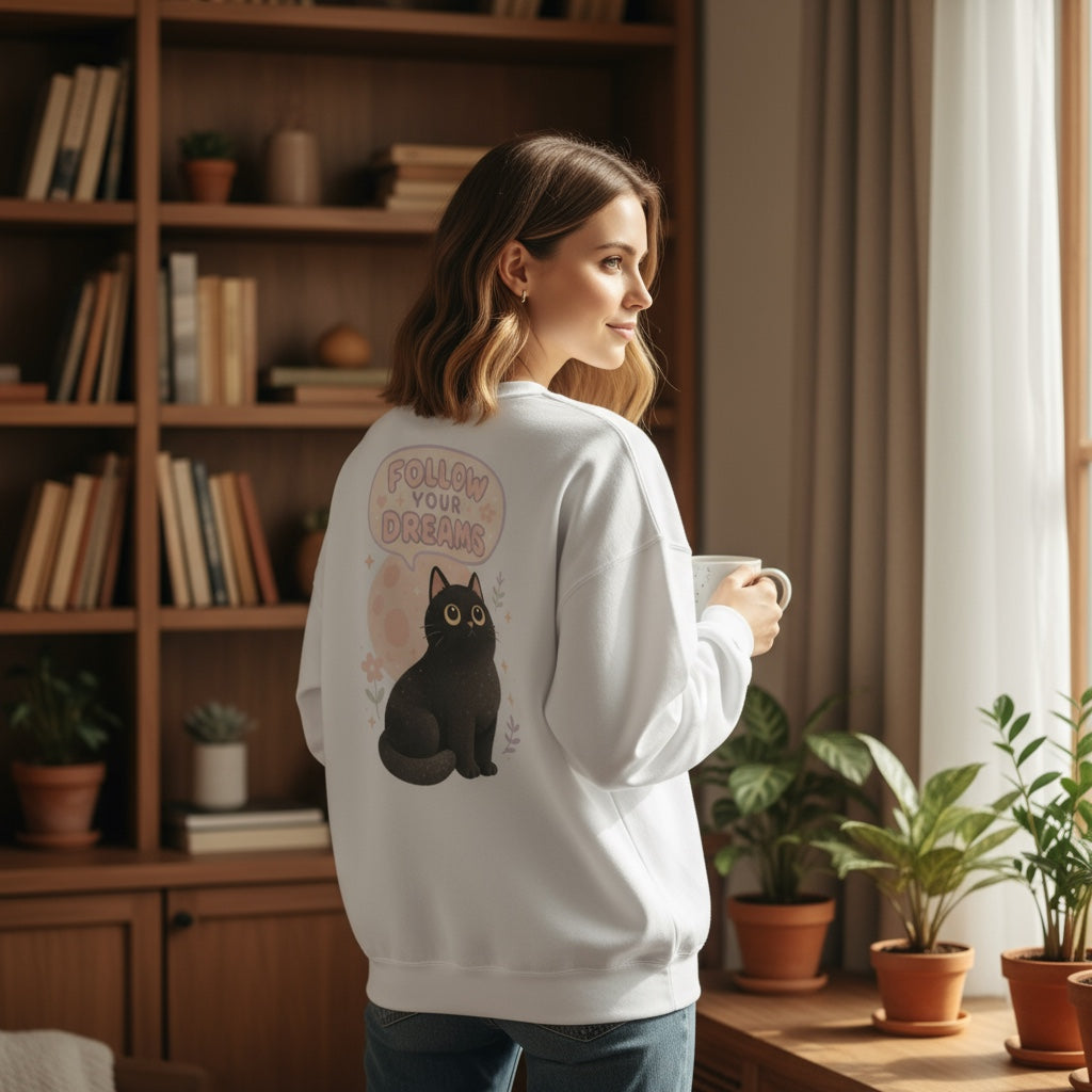 Printable PNG black cat design on sweatshirt – cozy pastel Halloween sublimation file, digital download for apparel.