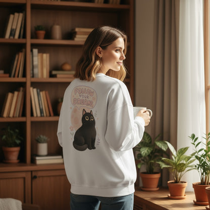 Printable PNG black cat design on sweatshirt – cozy pastel Halloween sublimation file, digital download for apparel.