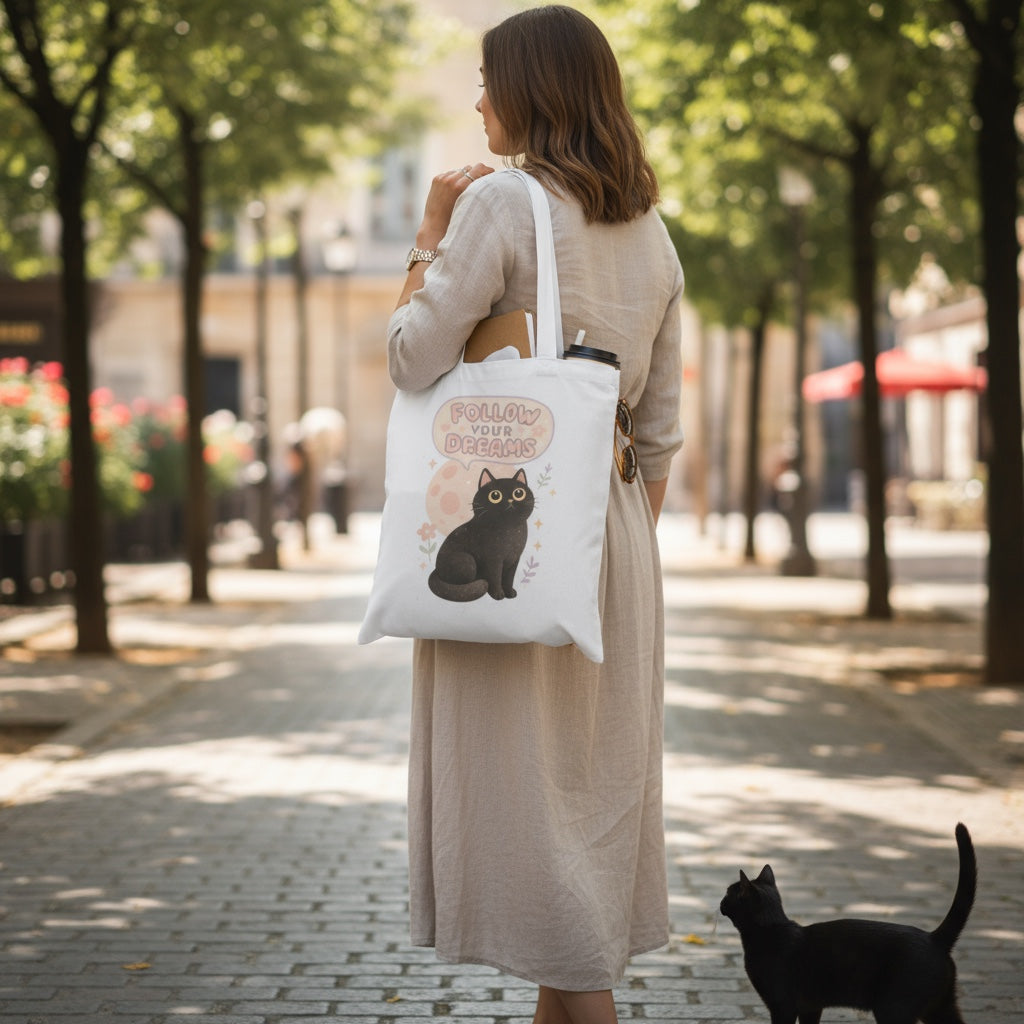 Tote bag with printable “Follow Your Dreams Black Cat” PNG – kawaii Halloween sublimation art, inspirational and cozy digital design.