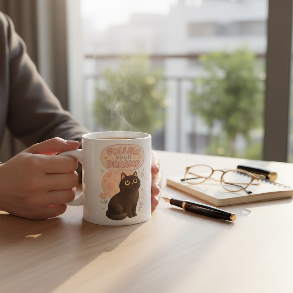 Coffee mug featuring printable Follow Your Dreams Black Cat PNG – cute Halloween sublimation design for cozy fall vibes, instant download.