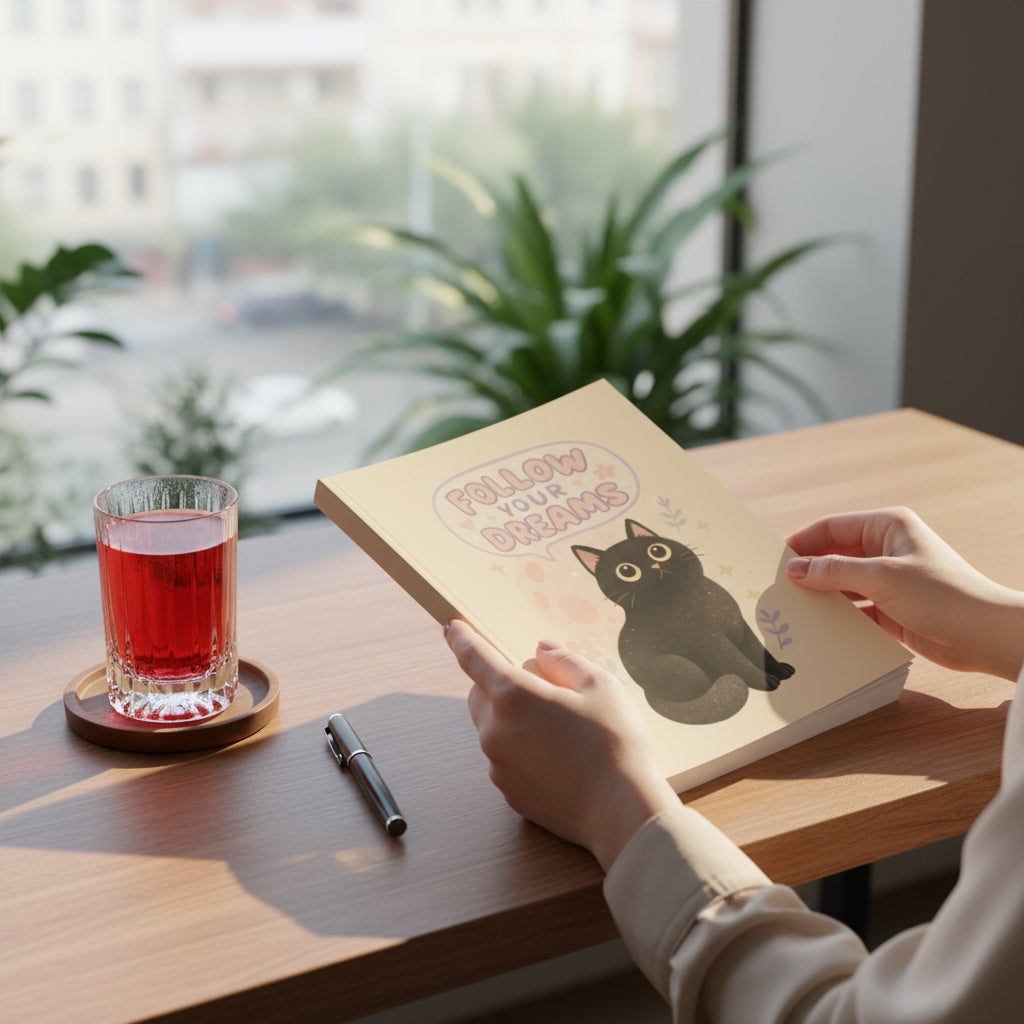 Notebook decorated with printable “Follow Your Dreams Black Cat” PNG – inspirational kawaii Halloween design for journals and planners.