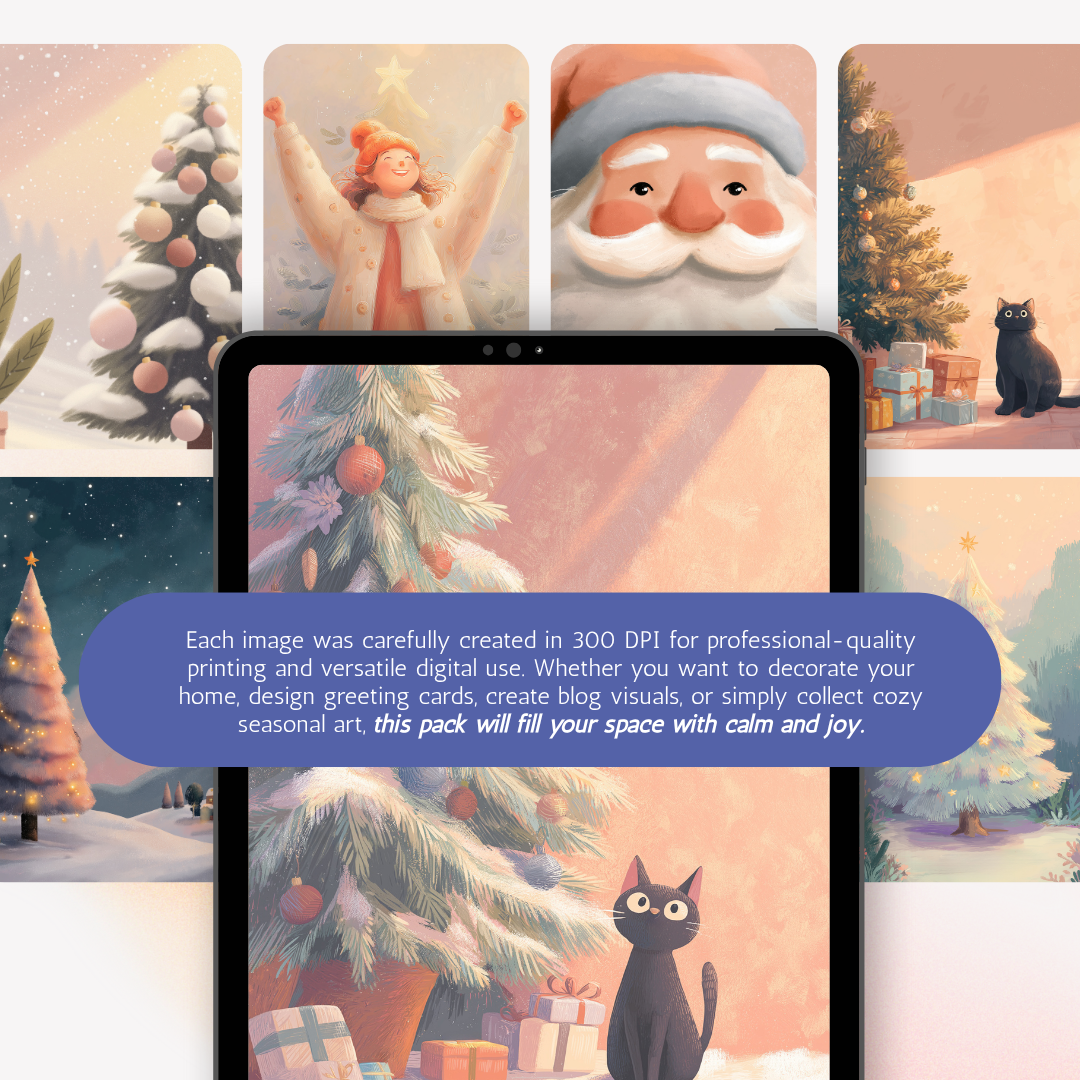 Cozy Christmas printable illustrations by RubiBloom, A4 digital art pack for posters, cards, and home decor, 300 DPI high-quality dreamy winter collection.