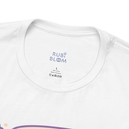 Close-up of RubiBloom neckline label on “Masterpiece in the Making” tee — premium soft cotton, comfortable and breathable fit.