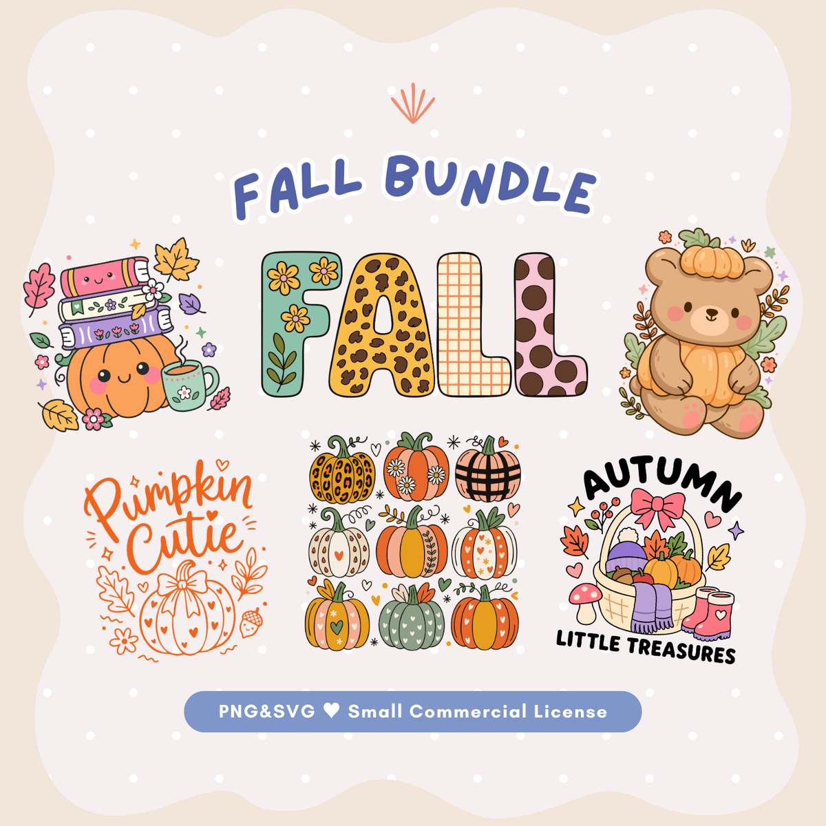 Fall Bundle, 6 Cute Pumpkin Designs PNG SVG