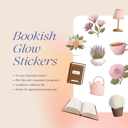 Cozy bookish stickers for digital planners, PNG files with illustrated flowers, books, tea cups, perfect for vision board kit or boo basket gifts