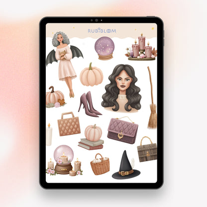Autumn Halloween witchy stickers – pumpkins, candles, broom, mystical esoteric witch girl aesthetic for cozy journaling and planners.