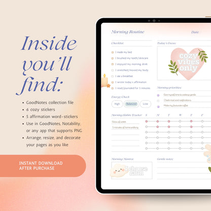 Inside a digital planner with Cozy Glow Mini Stickers applied in GoodNotes. Includes cozy illustrations and affirmation word-stickers for journaling, habit tracking, and mindful planning. Ideal for planner decoration and creating a gentle daily routine.