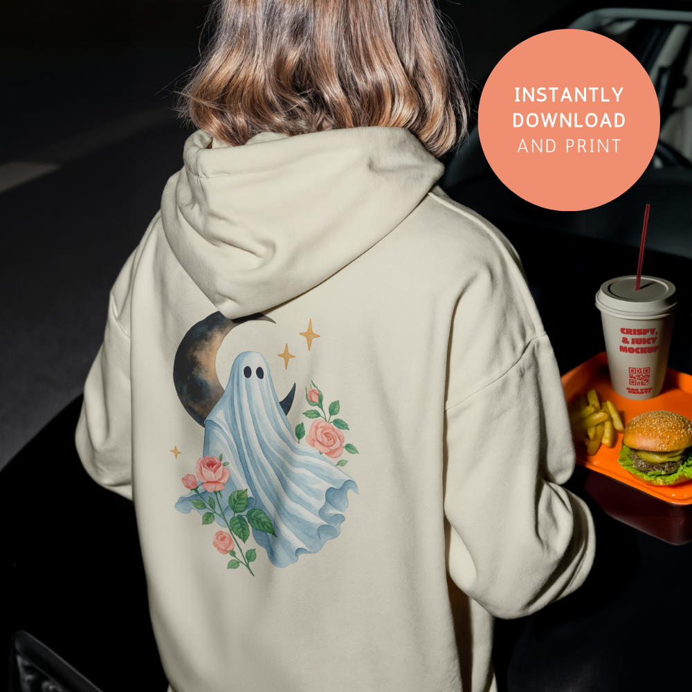 Spooky Ghost with Moon & Roses – Halloween PNG Printable