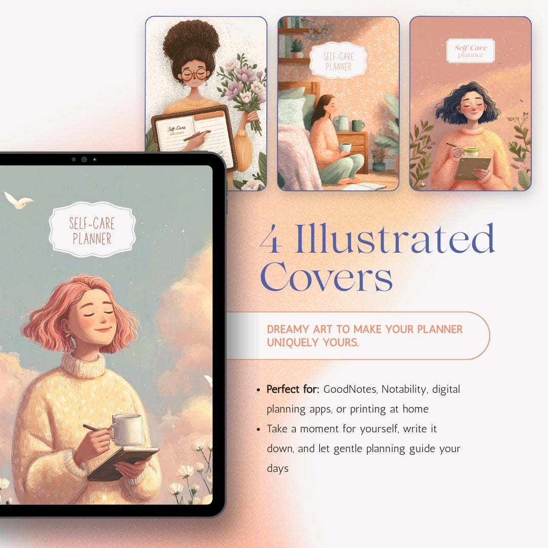 Self-Care Planner Pack | 6 Gentle Planning Pages + 4 Illustrated Covers