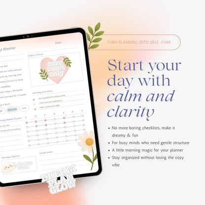Digital checklist page from the Dreamy Checklist Pack, designed to start your day with calm and clarity. Features habit tracker, morning priorities, gentle affirmations, and cozy stickers. Perfect printable or GoodNotes insert for busy minds seeking mindfulness.