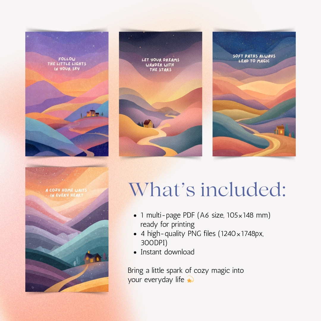 Dreamland Path Postcards - Printable Set of 4 Cozy Illustrations