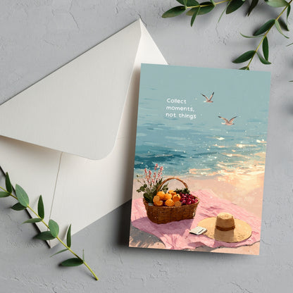 Printable postcard with seaside picnic illustration and quote “Collect moments, not things” – cozy aesthetic art card for journaling, printing, or gifting.