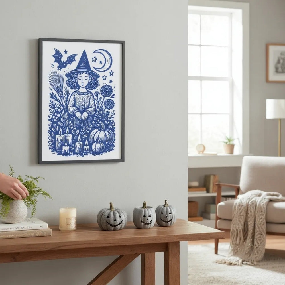 Printable wall art – witch illustration with pumpkins, broom, and candles. Halloween home decor PNG in magical folk art style.