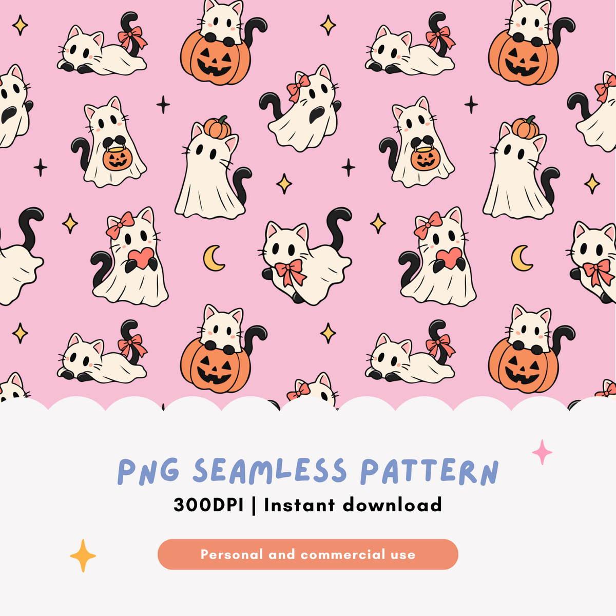 Ghost Cat Halloween Seamless Pattern PNG
