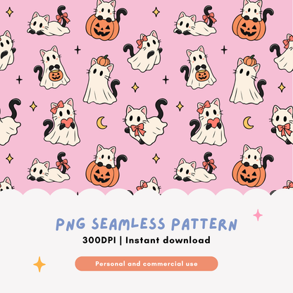 Ghost Cat Halloween Seamless Pattern PNG