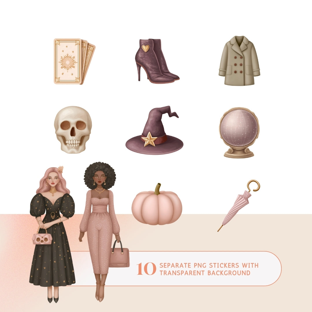 10 witchy Halloween PNG stickers free download – stylish witch girls, pumpkin, tarot cards, skull, witch hat, coat, boots, umbrella. Transparent background.