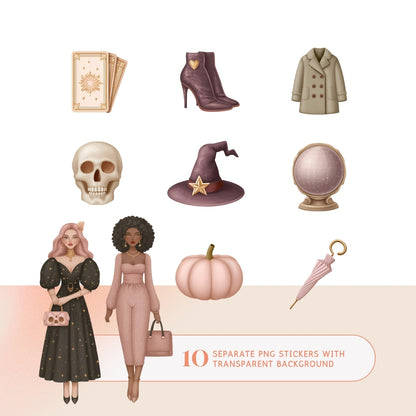 10 witchy Halloween PNG stickers free download – stylish witch girls, pumpkin, tarot cards, skull, witch hat, coat, boots, umbrella. Transparent background.