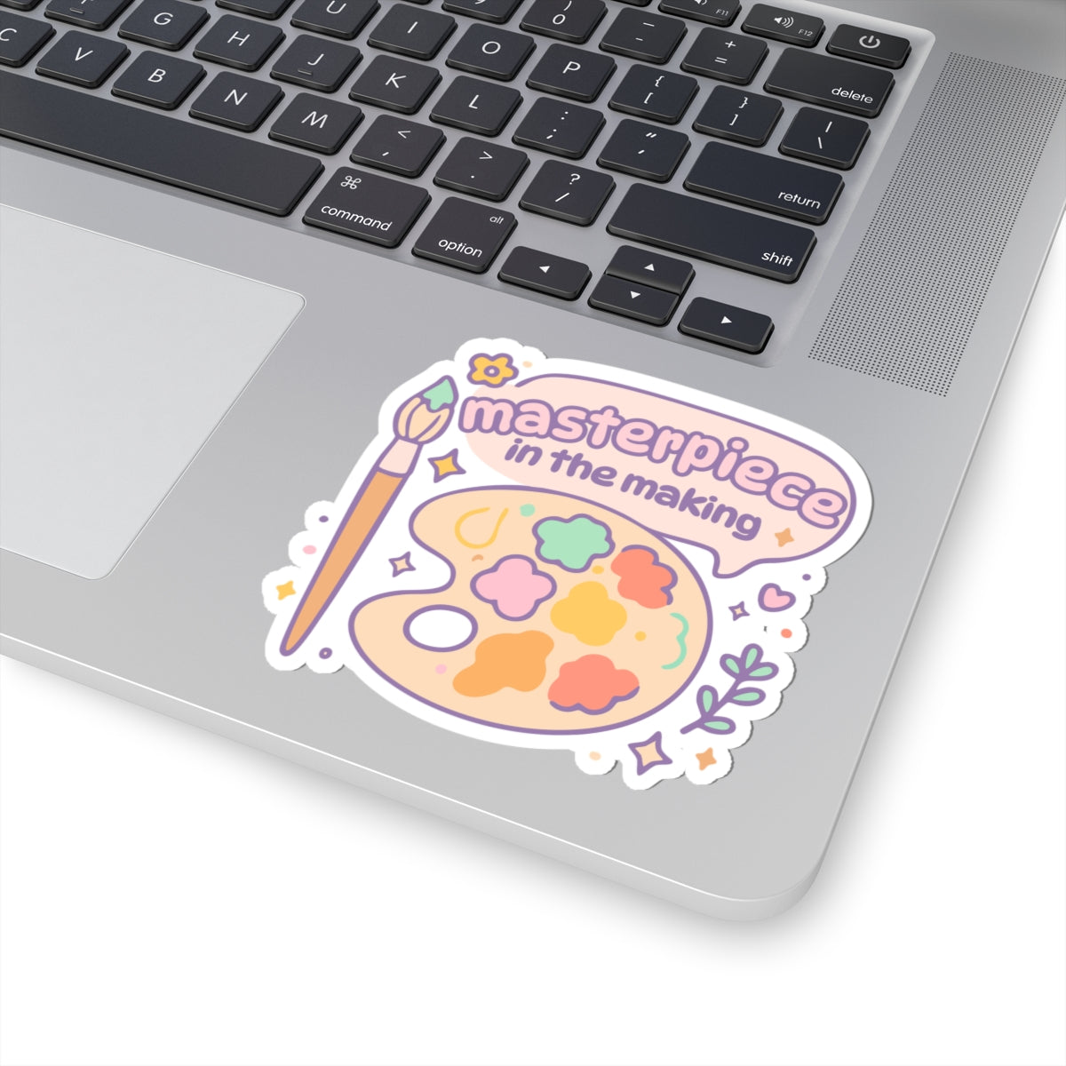 Large 4x4 inch Masterpiece in the Making vinyl sticker on laptop, pastel aesthetic palette and brush design, durable glossy vinyl for artists and students