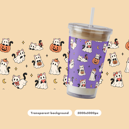 Ghost Cat Halloween Seamless Pattern PNG
