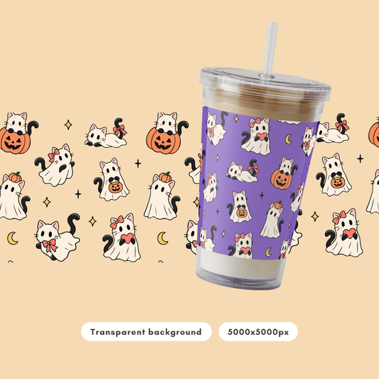 Ghost Cat Halloween Seamless Pattern PNG