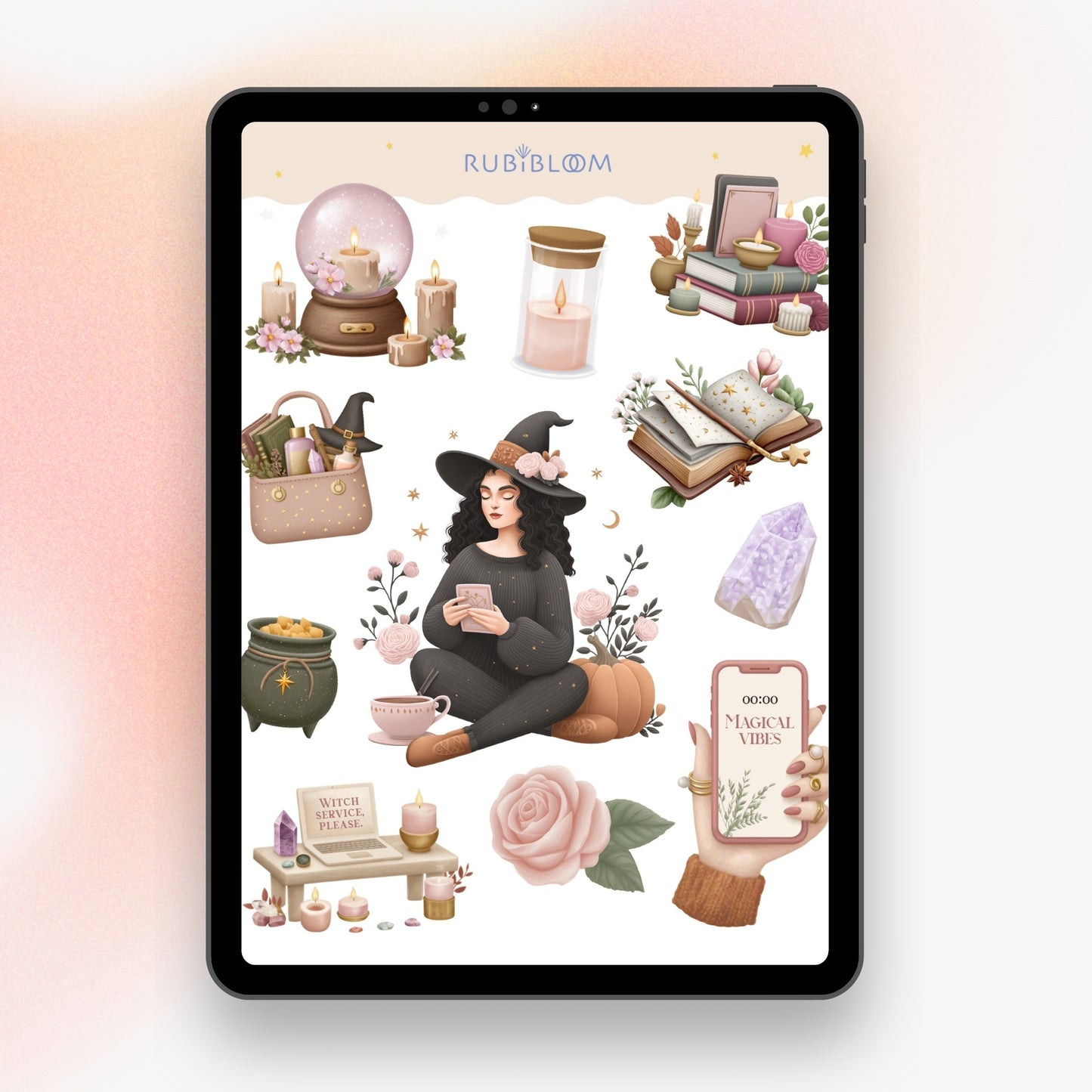 Esoteric Halloween sticker sheet – witch girl, mystical objects, pastel witch hat, autumn aesthetic stickers for digital planning and journaling.