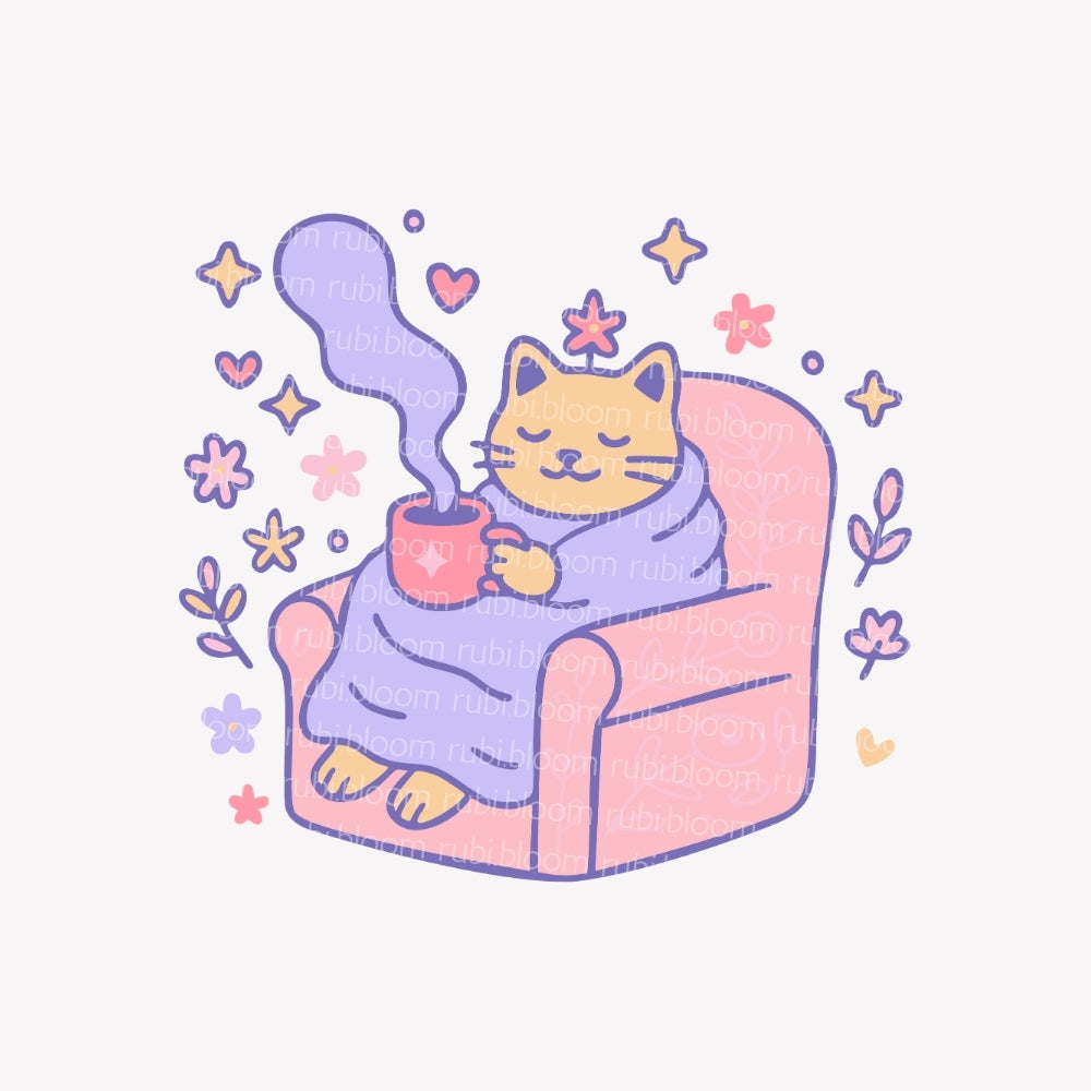 Cozy Cat with Coffee | Dreamy Printable PNG & SVG Illustration