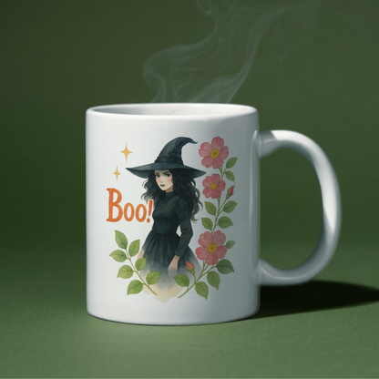 Halloween Witch with Flowers & “Boo!” – PNG Printable