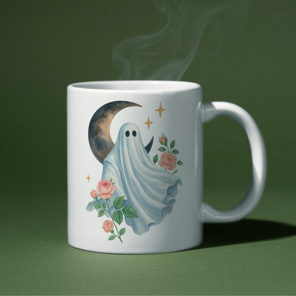Spooky Ghost with Moon & Roses – Halloween PNG Printable
