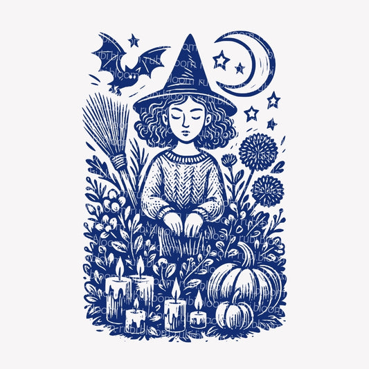Printable Halloween witch PNG, SVG – magical illustration with moon, broom, pumpkins, candles, and floral details.