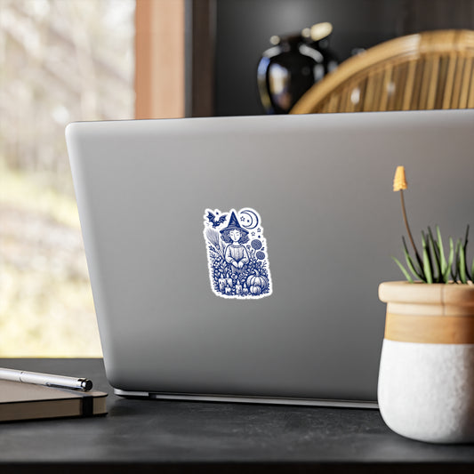 Printable witch sticker for Halloween – mystical illustration with broom, pumpkins, and stars. Available in 3x4 inch and 4x6 inch sizes for laptops or planners.