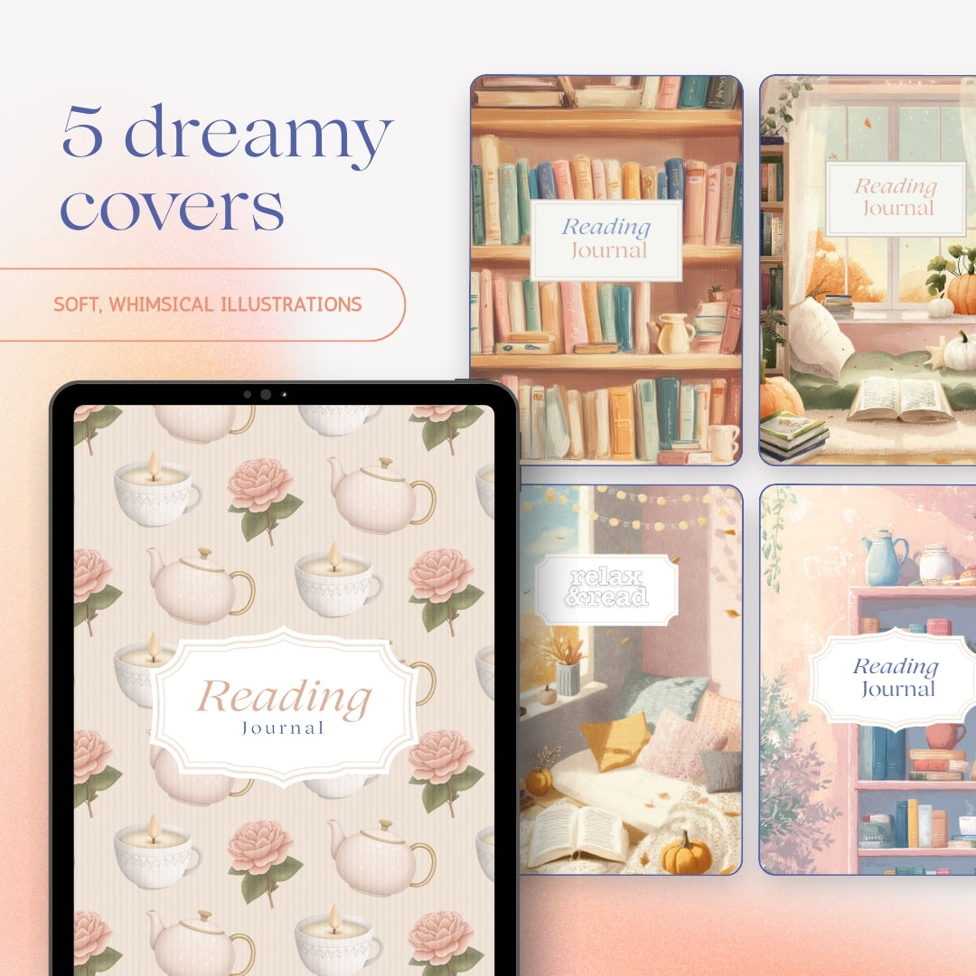 2025 reading journal with five whimsical covers, auburn and pastel illustrations, perfect printable journal template for book lovers