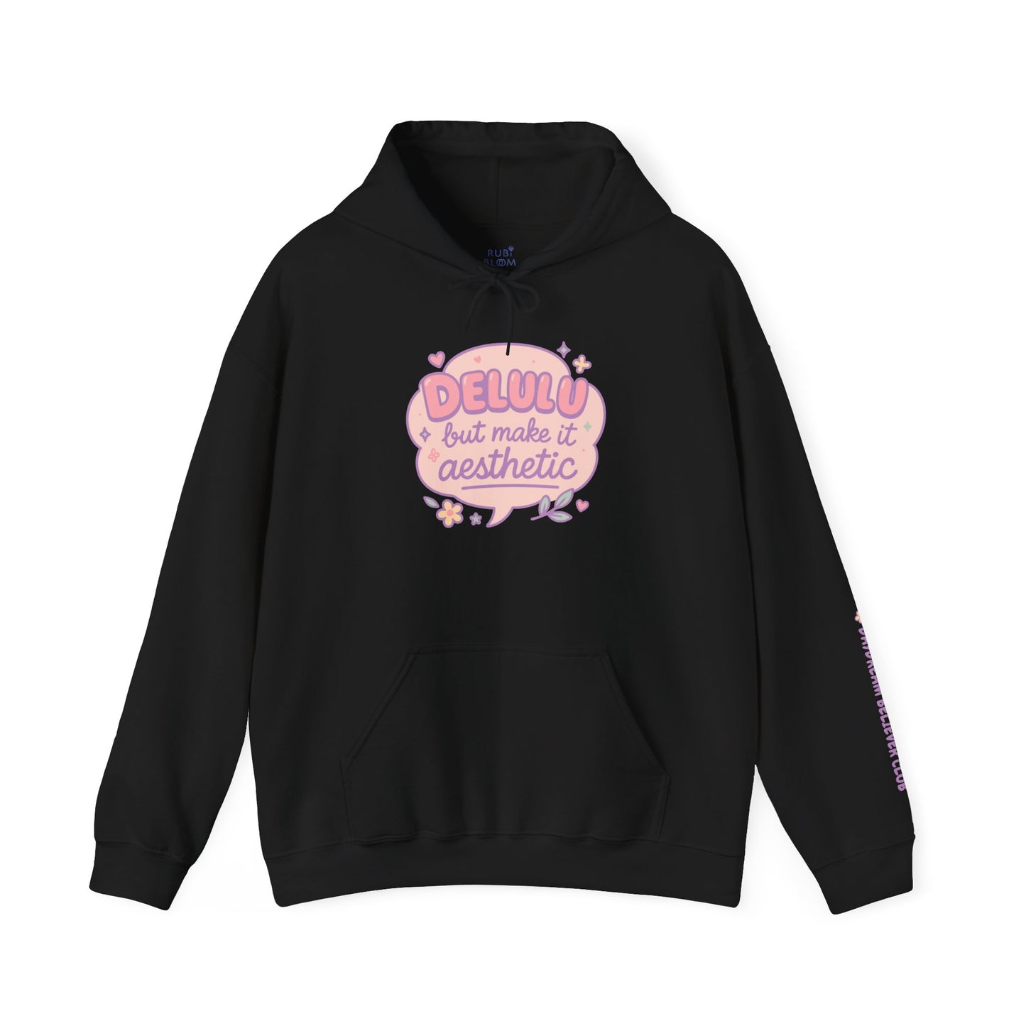 Black “Delulu but make it aesthetic” hoodie by RubiBloom — pastel pink print on dark cozy fabric, aesthetic quote hoodie for soft-core style lovers and comfy outfits.