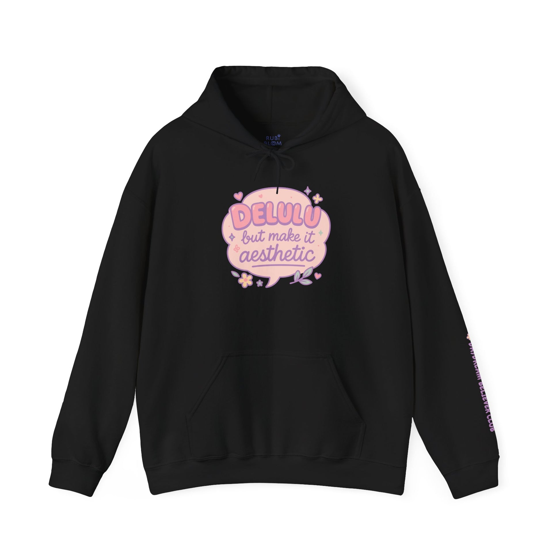 Black “Delulu but make it aesthetic” hoodie by RubiBloom — pastel pink print on dark cozy fabric, aesthetic quote hoodie for soft-core style lovers and comfy outfits.