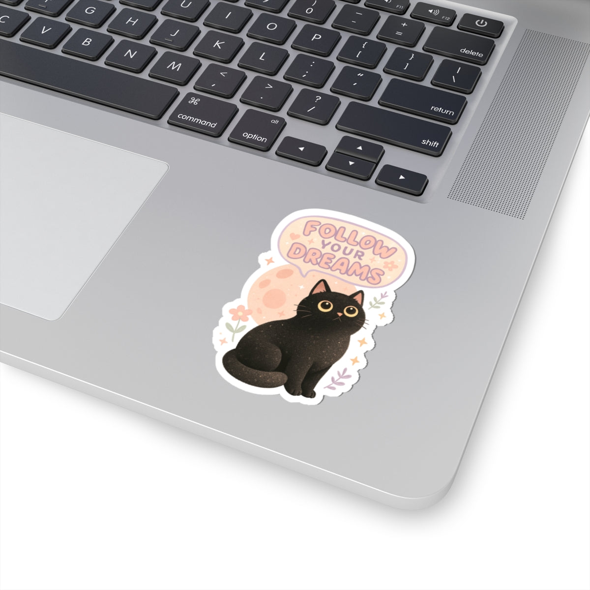 Laptop decorated with black cat vinyl sticker – “Follow Your Dreams” design for cozy aesthetic vibes. Waterproof, durable, and long-lasting.