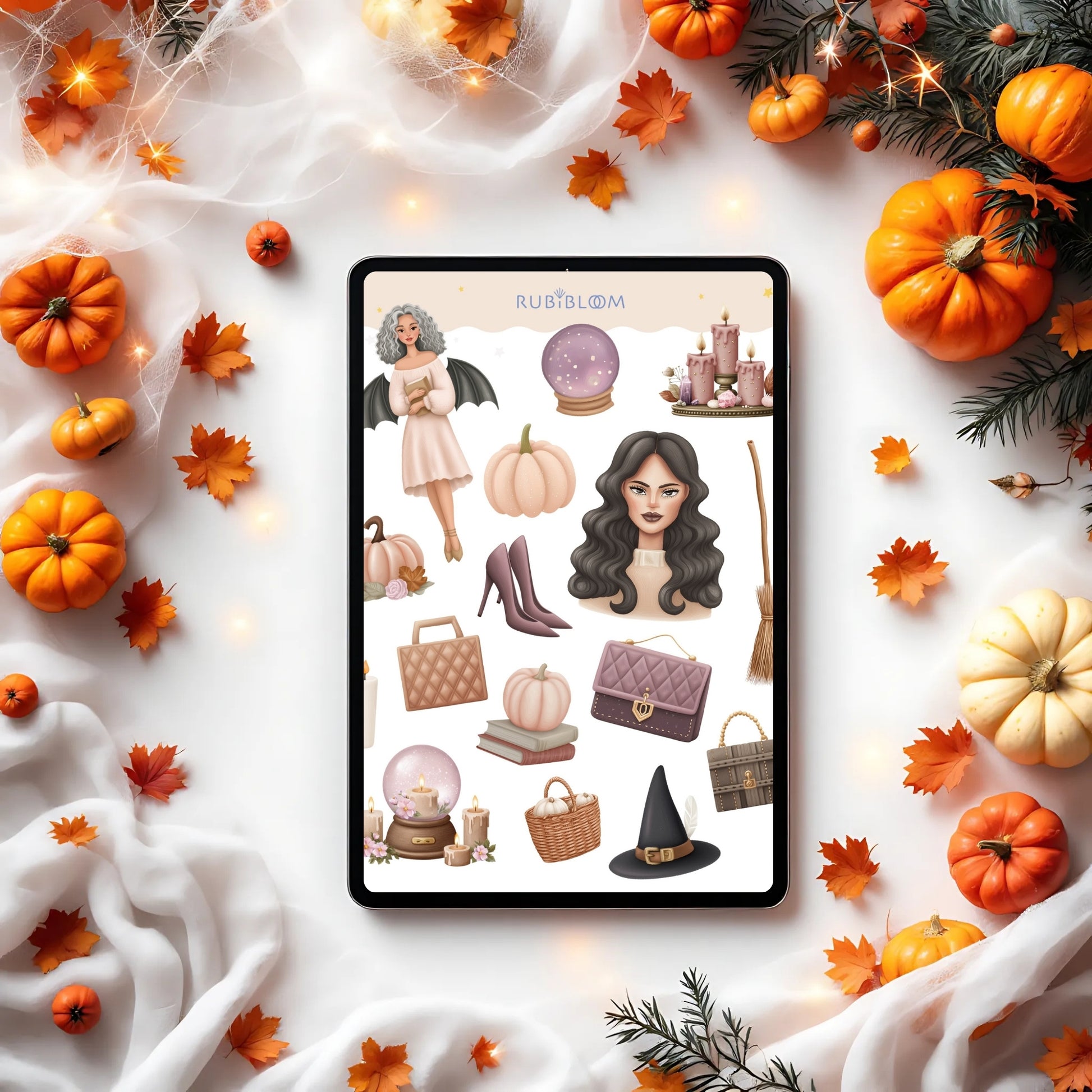 Cozy autumn Halloween sticker pack – witchy mystical aesthetic stickers with pumpkins, candles, crystals, esoteric vibes for planners and journaling.