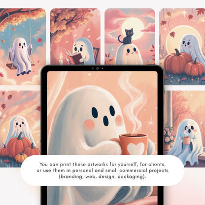 Cozy Ghosts - 8 Halloween A4 Illustrations