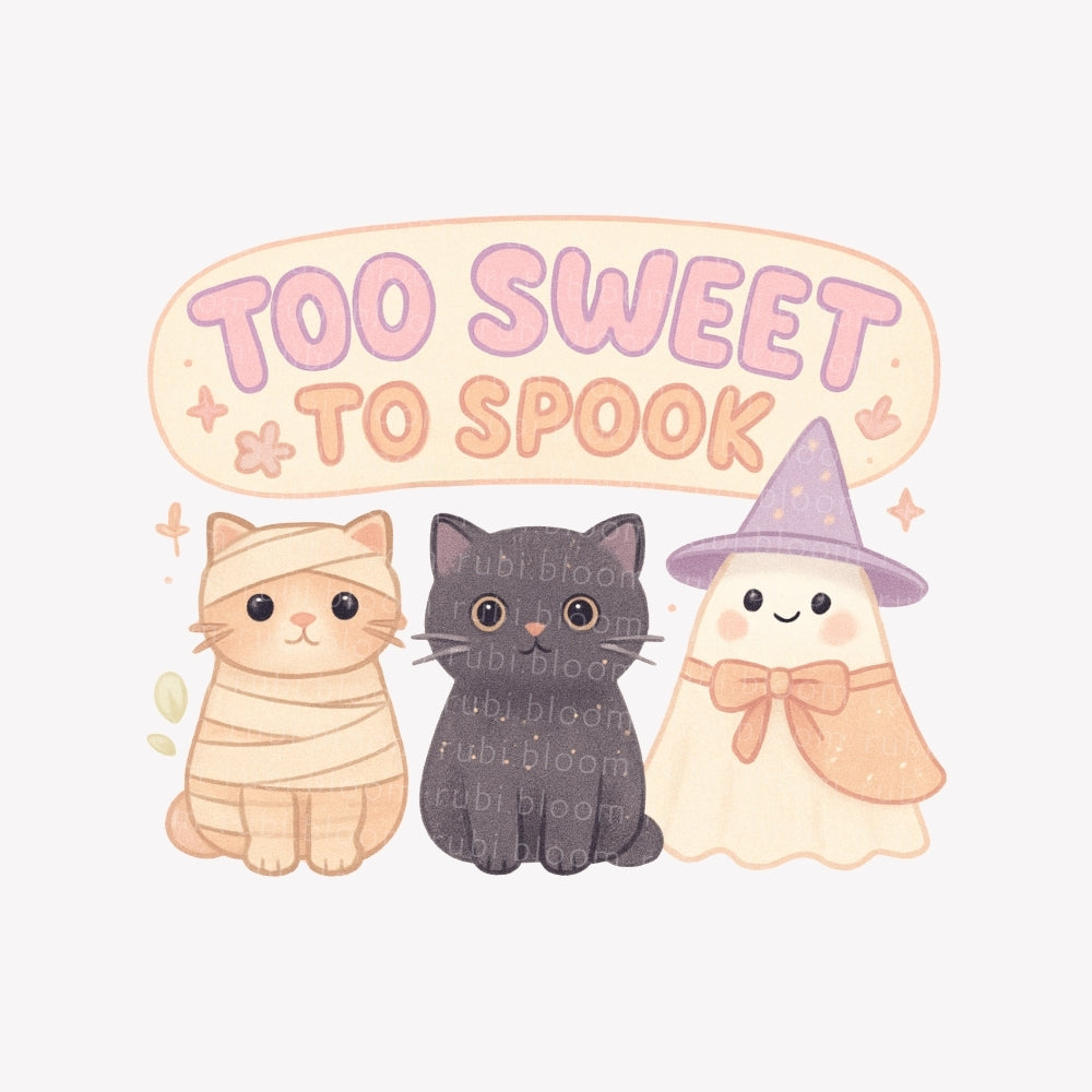 Too Sweet to Spook PNG printable – kawaii Halloween cats and pastel ghost design for shirts, mugs, tote bags, stickers, and wall art.