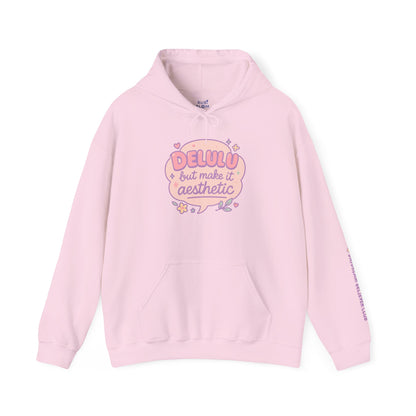 pink “Delulu but make it aesthetic” hoodie by RubiBloom — pastel dreamy cotton sweatshirt, aesthetic gift for cozy girls and creative dreamers.