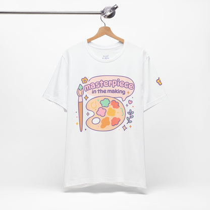 White “Masterpiece in the Making” art-inspired t-shirt — kawaii pastel print for artists and journal lovers, cute minimal everyday tee.