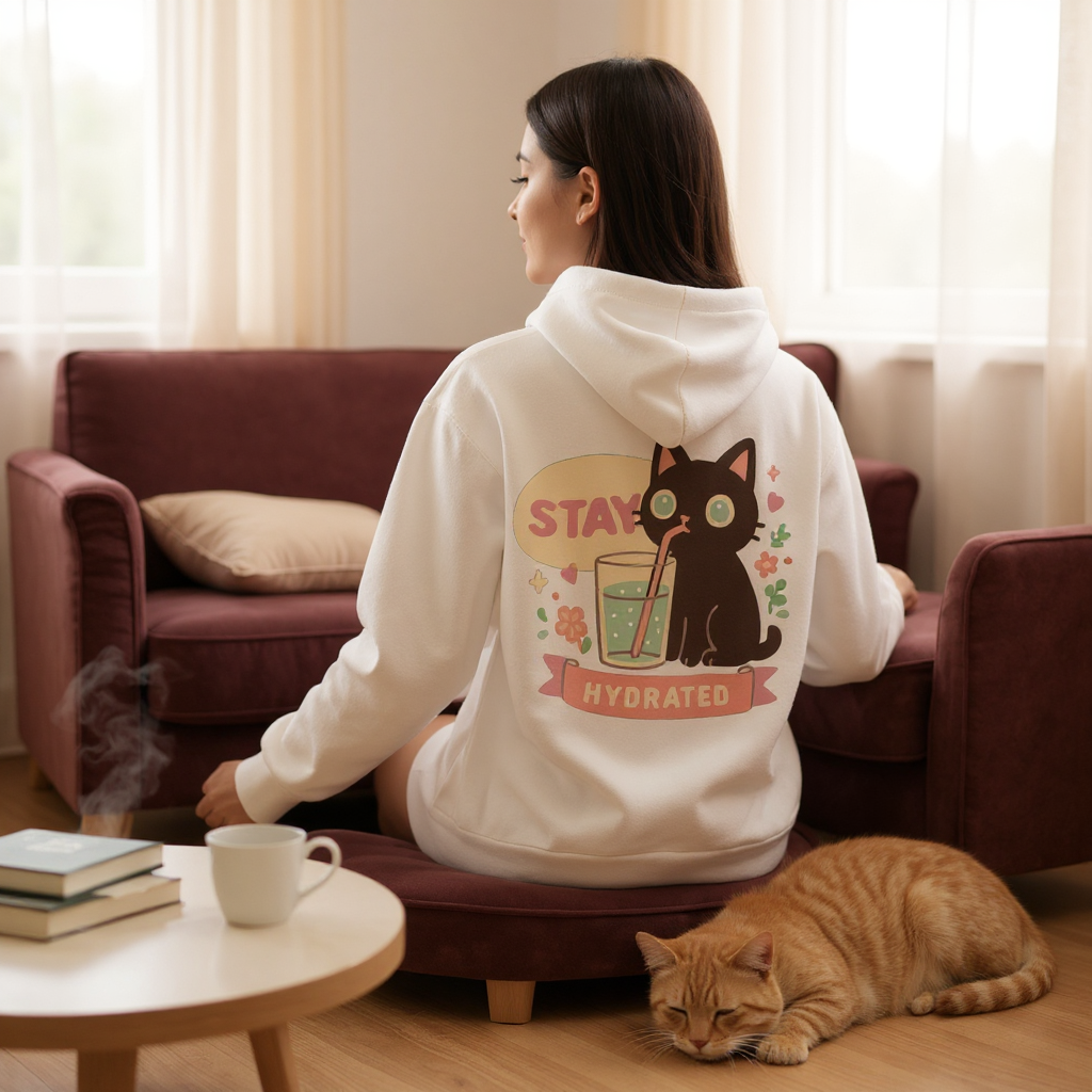 Printable PNG Stay Hydrated cat design on white hoodie, cozy digital art file for Halloween, autumn, and kawaii streetwear style.