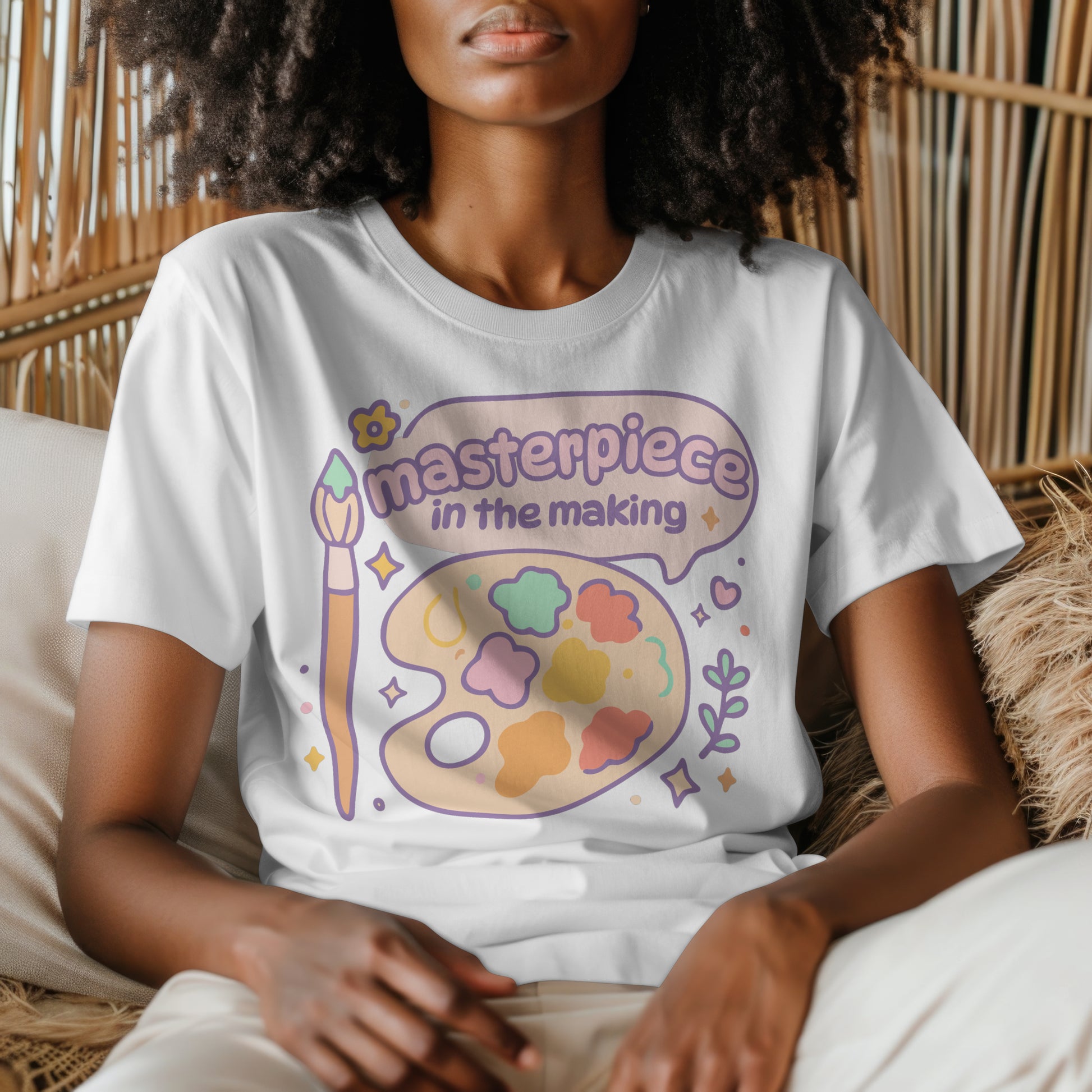 Model wearing pastel “Masterpiece in the Making” t-shirt by RubiBloom — cute aesthetic art tee with painter’s palette and dreamy pastel design, perfect for creatives and art lovers.